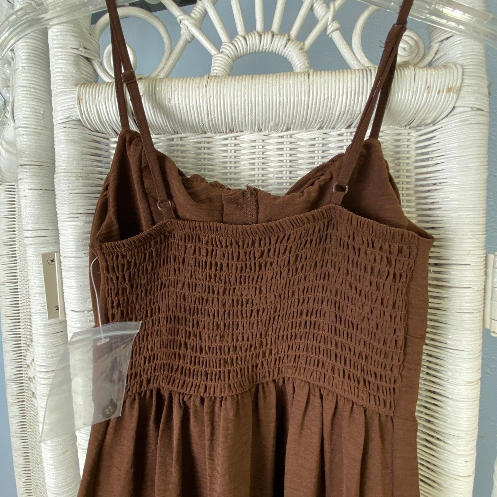 No Boundaries Brown Smocked Bust Midi Dress XS Flounce Hem Cottage Milkmaid - Picture 5 of 10